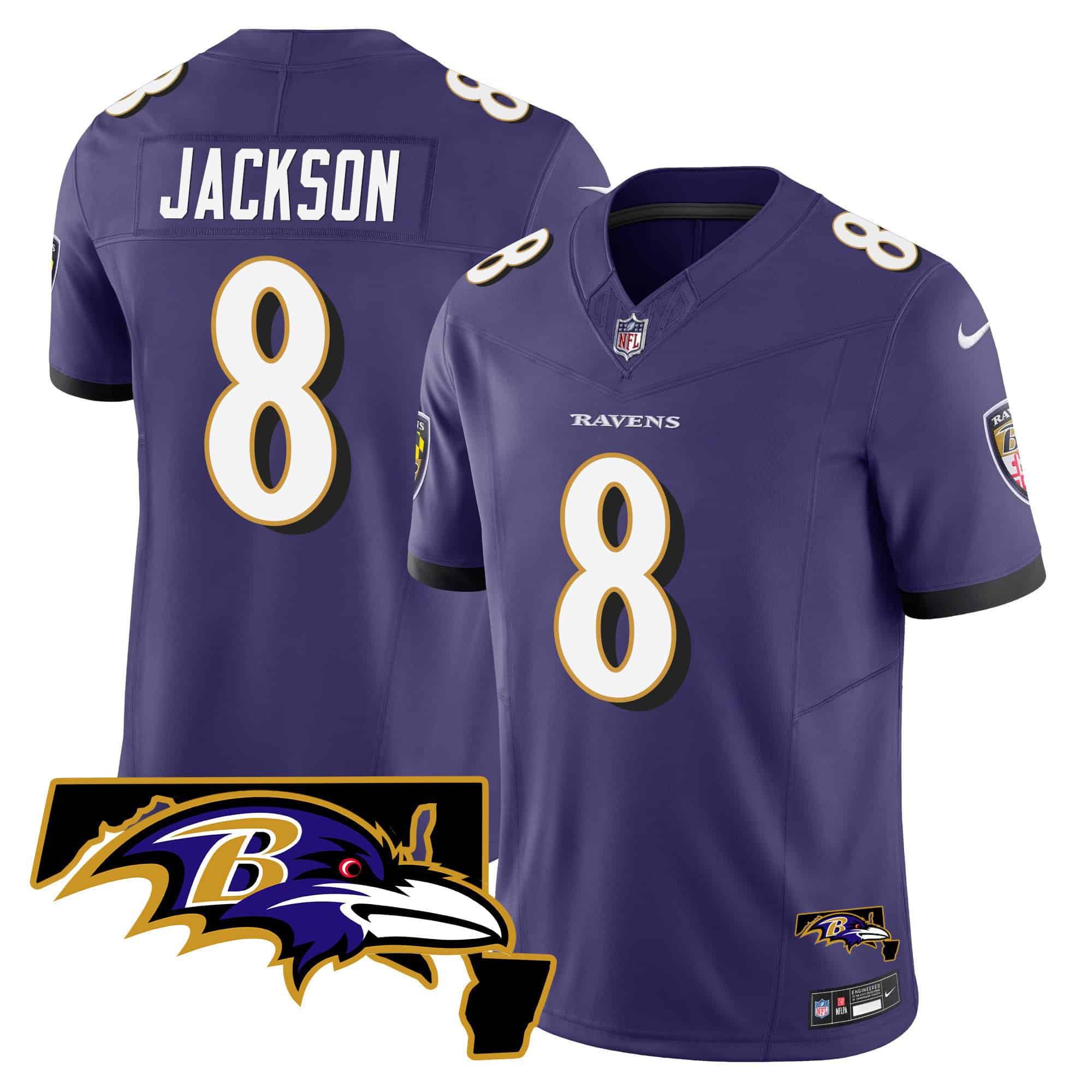 Men Baltimore Ravens 8 Jackson Purple 2024 Nike Maryland Patch Vapor Limited NFL Jersey style 1